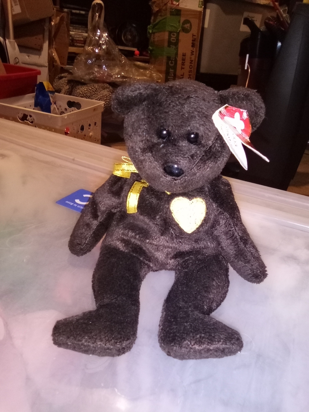 Ty Brown Plush Bear with Gold Heart and Ribbon